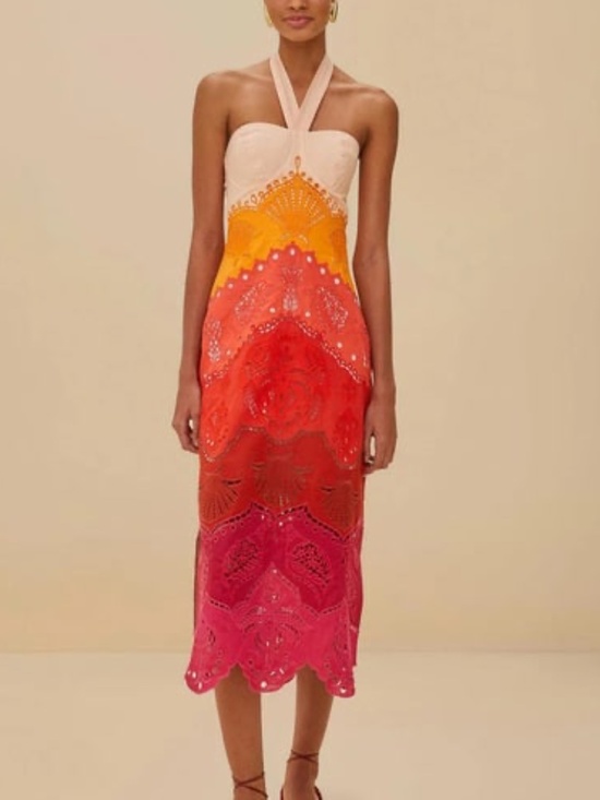FARM Rio Dresses & Skirts - Farm Rio Summer Gradient Richelieu Ombre Linen Midi Dress Orange With Tags SMALL